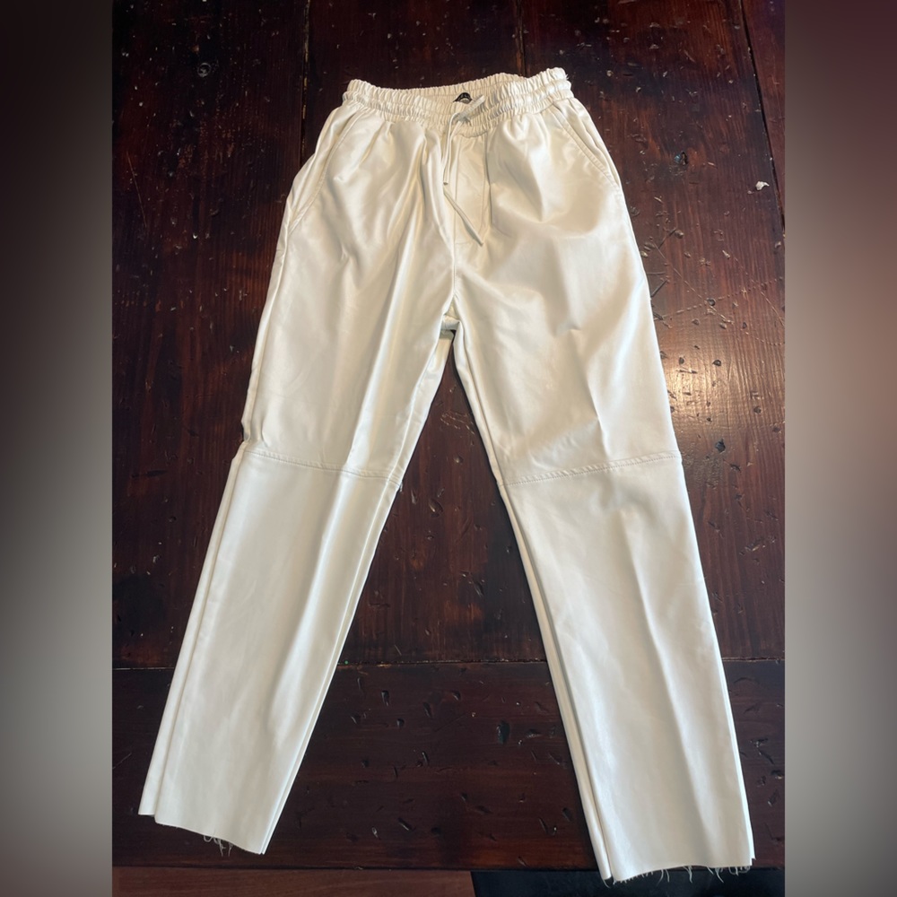 Deluc White Vegan Leather Pants, Drawstring Pants, frayed hem